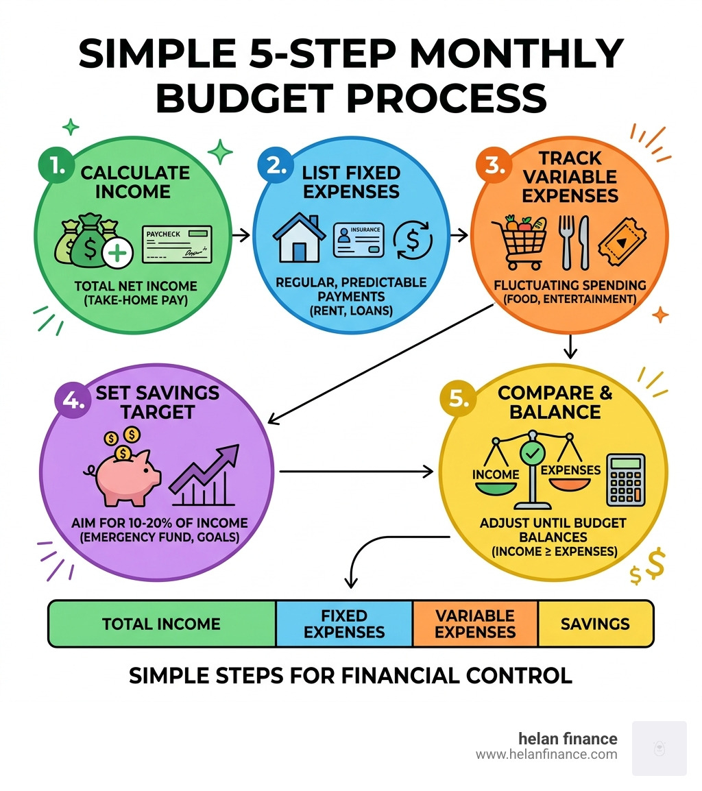 Simple 5-step monthly budget process with income, expenses, savings, and balance - monthly budget infographic 