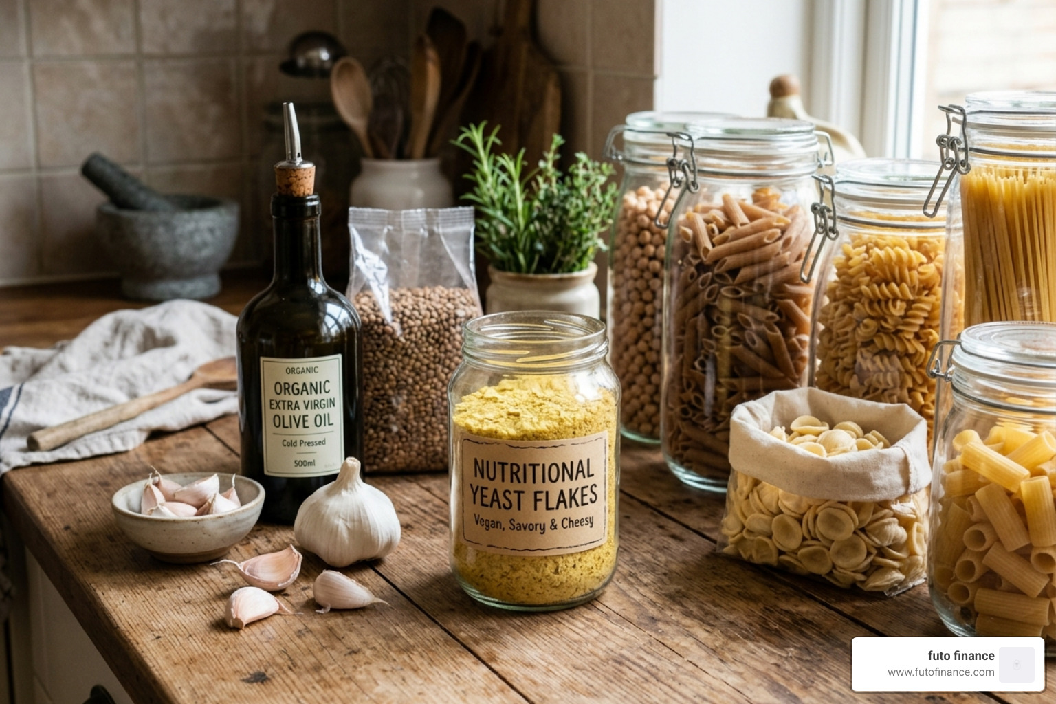Essential vegan pantry items like garlic, olive oil, nutritional yeast, and pasta - simple vegan pasta meals