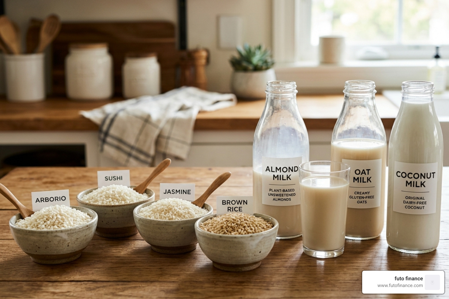 various rice types and plant milks for vegan cooking - vegan rice pudding recipes