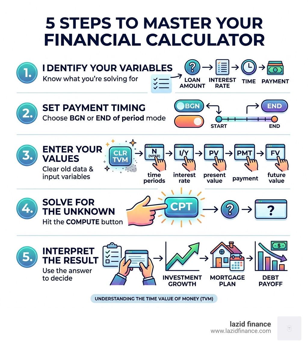5-step guide to using a financial calculator with TVM variables explained - financial calculator infographic 
