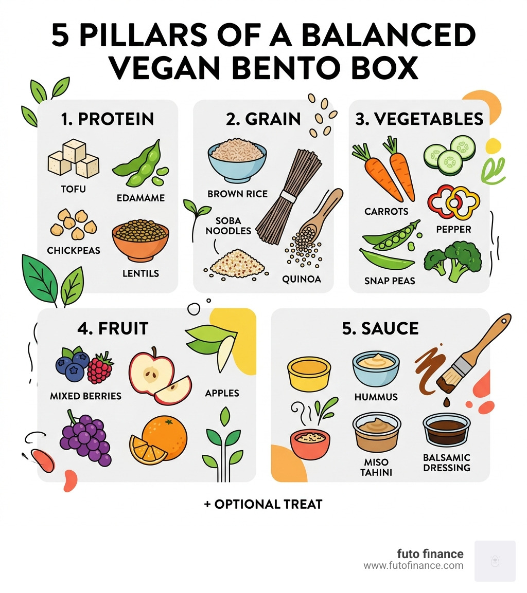 5 pillars of a balanced vegan bento box: protein, grain, vegetables, fruit, and sauce - vegan bento box infographic 