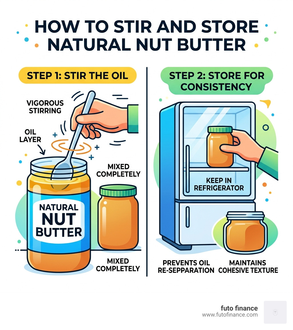 infographic showing how to stir and store natural nut butter - affordable vegan nut butters infographic 