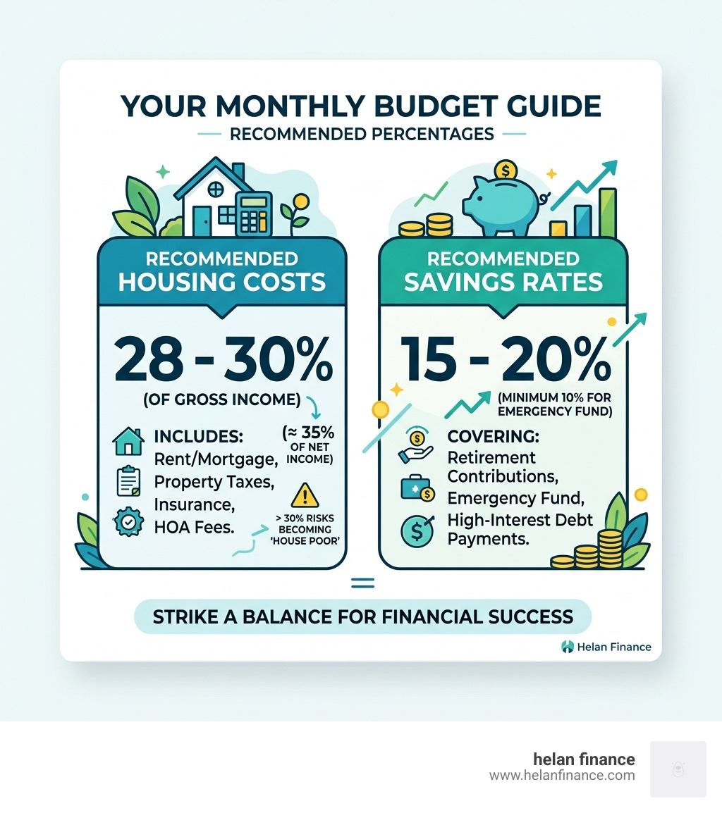 Infographic showing recommended savings rates and housing cost percentages - monthly budget infographic 