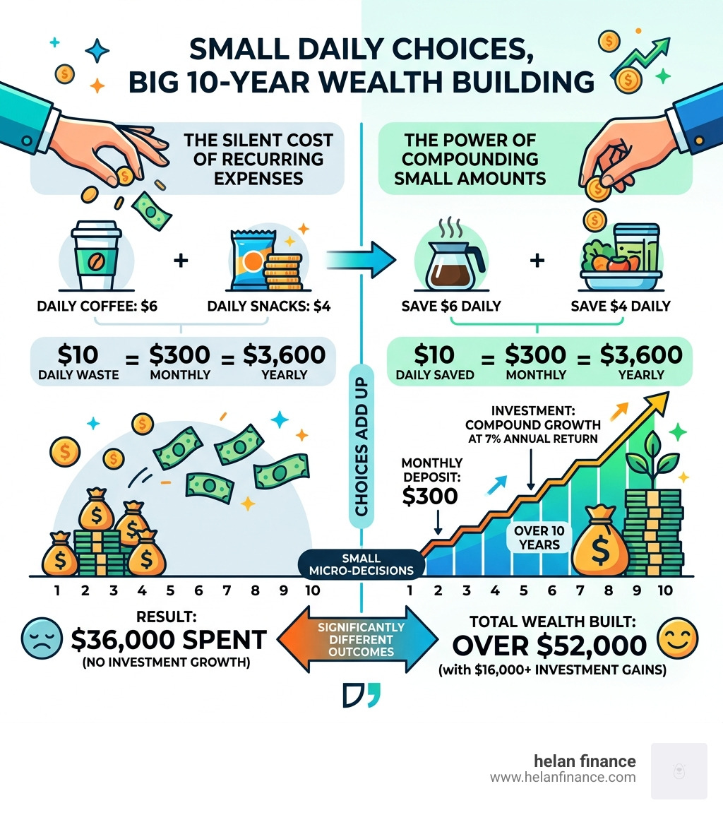 compound effect of small daily financial choices on 10-year wealth building - personal money habits infographic 