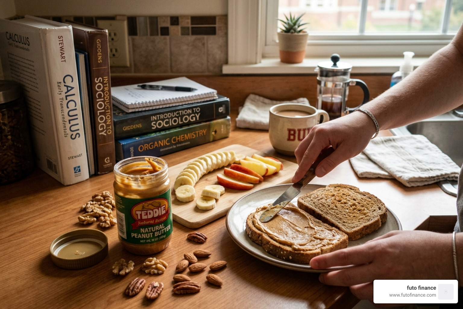 A student kitchen setup with nut butter and fruit - affordable vegan nut butters