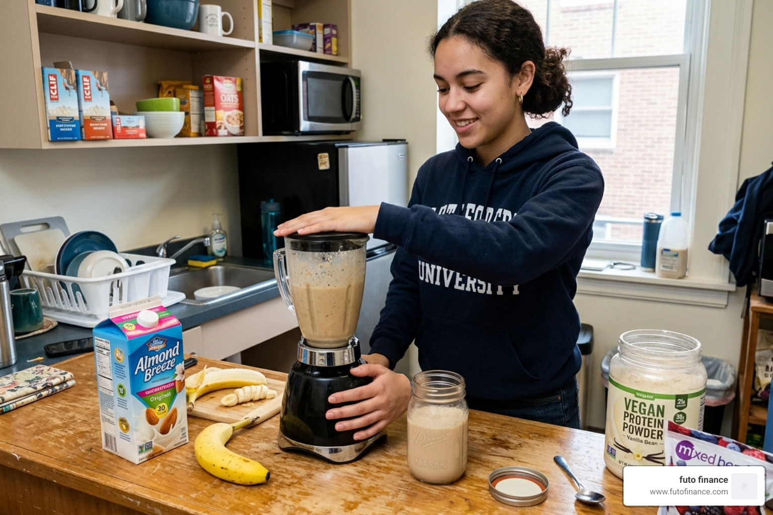 A student preparing a high-calorie vegan protein shake in a dorm kitchen - plant based protein powder for weight gain