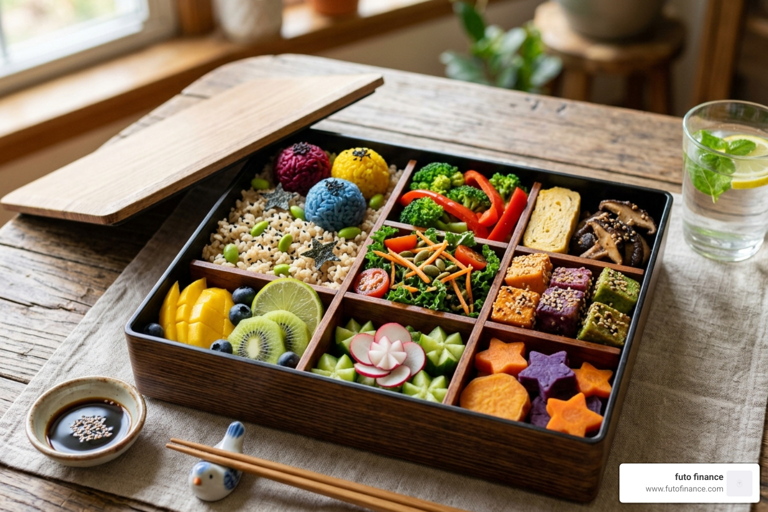 a rainbow-colored vegan bento box with various compartments - vegan bento box