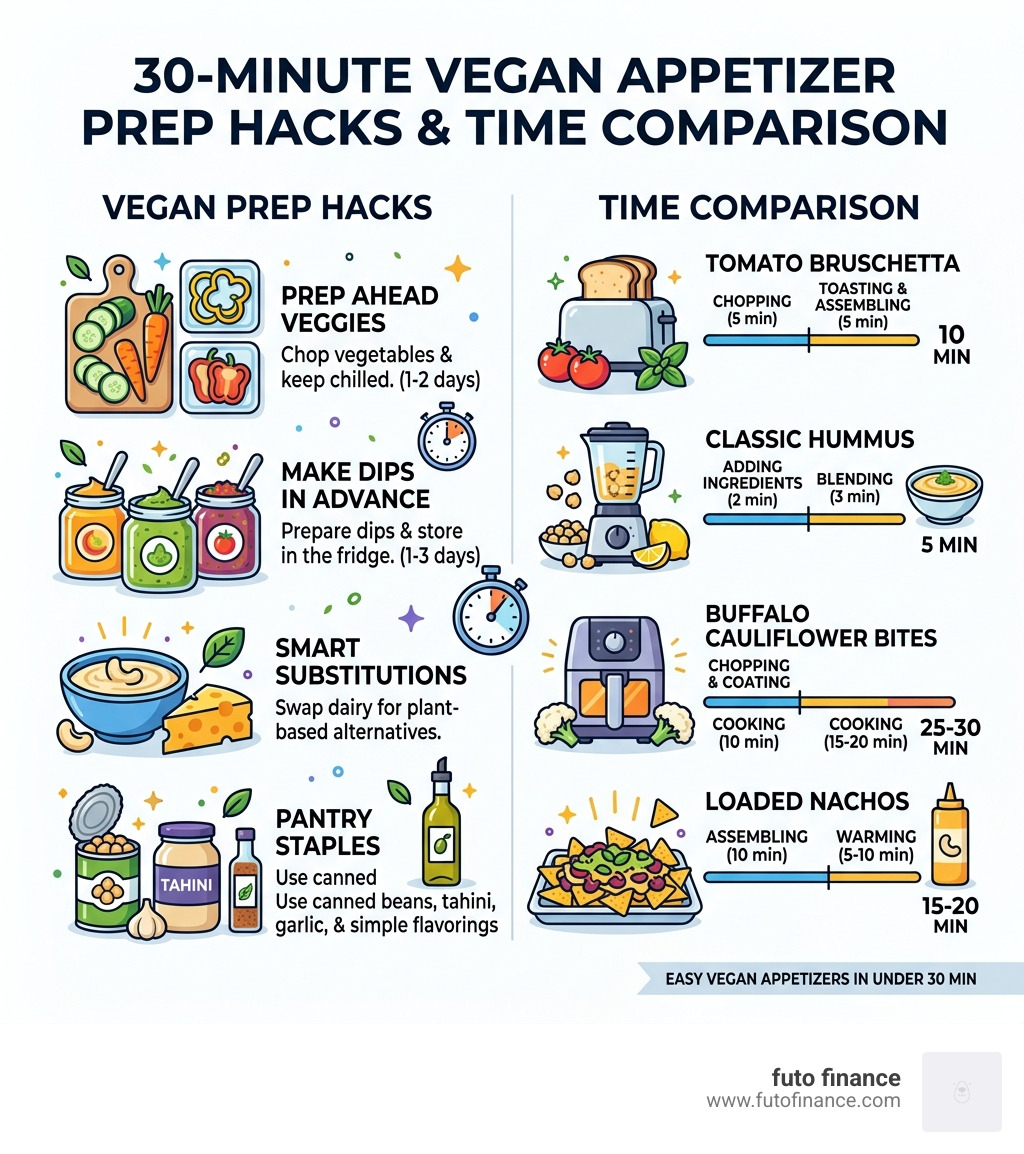30-minute vegan appetizer prep hacks and time comparison infographic - easy vegan appetizer ideas infographic 