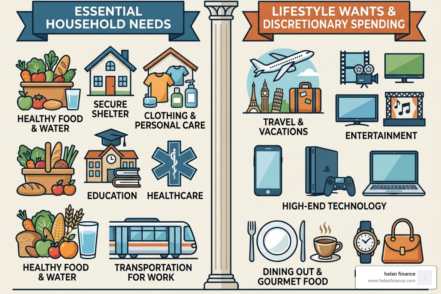 Comparison of essential needs versus lifestyle wants in a household budget - monthly budget