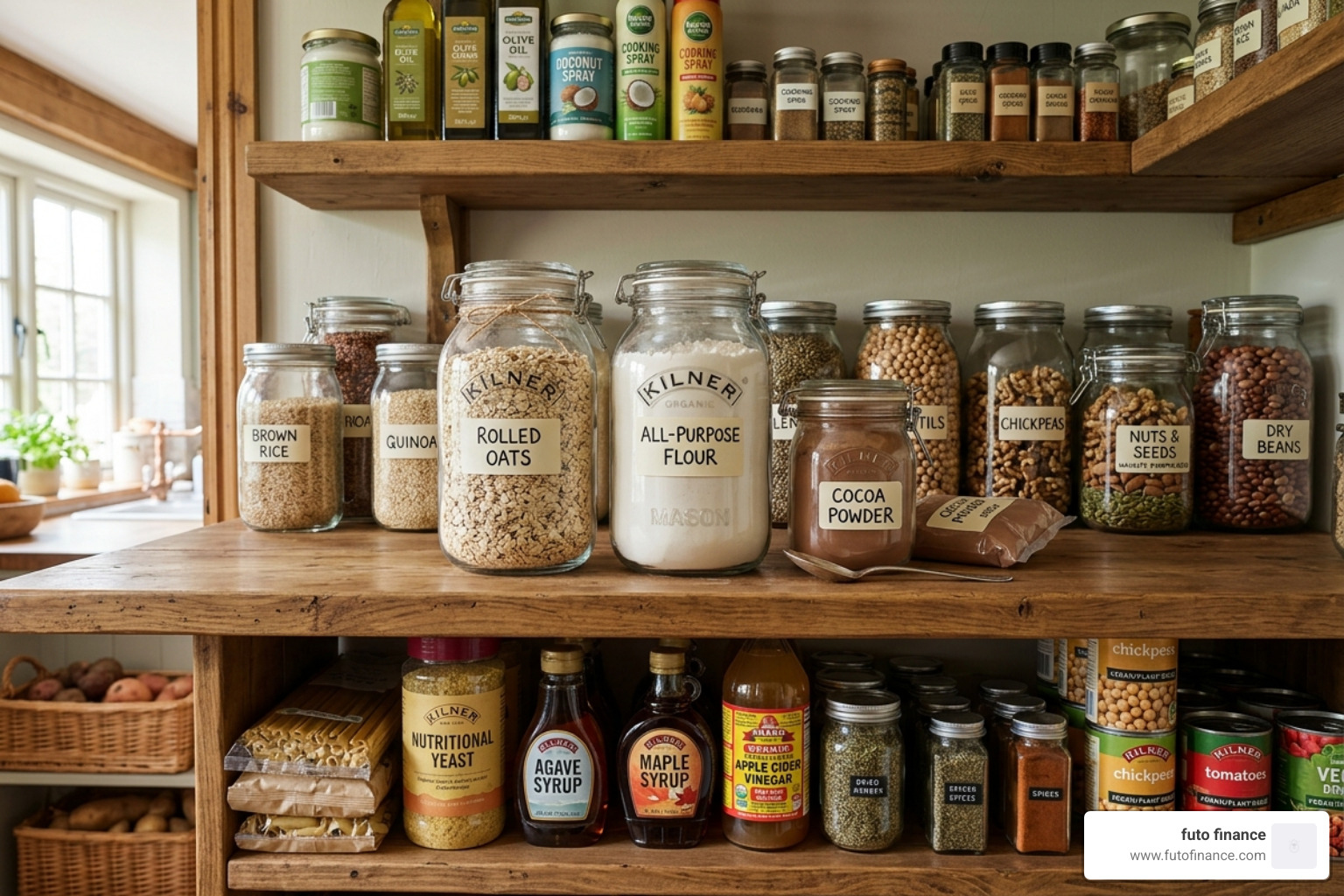 A stocked vegan pantry with jars of oats, flour, and cocoa powder - low cost vegan desserts
