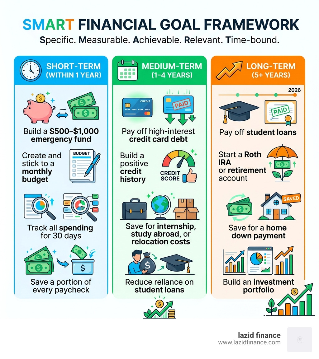 SMART financial goal framework infographic for students showing short medium and long term categories - list of financial