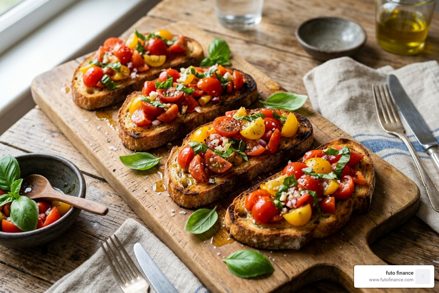 simple tomato bruschetta on a wooden board - easy vegan appetizer ideas