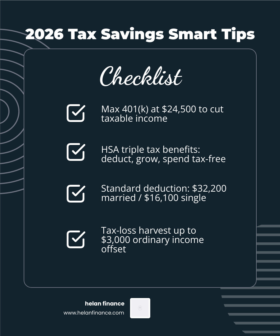 2026 tax savings tips overview infographic: deductions, retirement limits, SALT, HSA, and charitable giving - tax savings