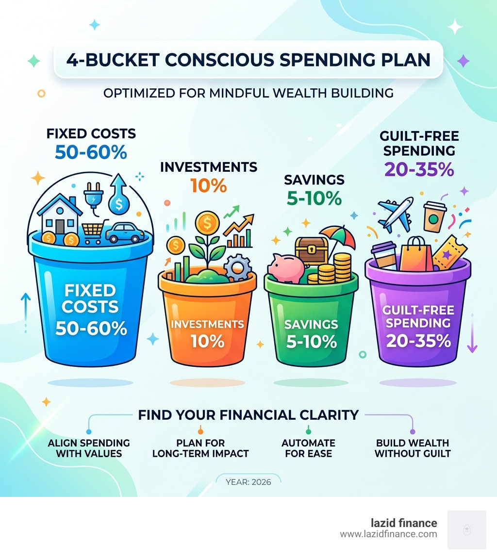 4-bucket conscious spending plan: Fixed Costs 50-60%, Investments 10%, Savings 5-10%, Guilt-Free Spending 20-35% - conscious
