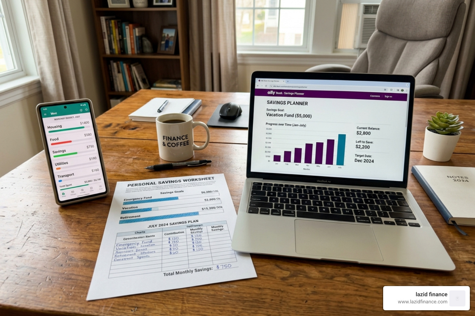 Various planning tools including a smartphone, a printed worksheet, and a laptop on a desk - free savings planner