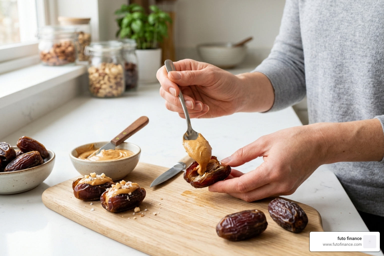 Peanut butter stuffed dates being prepared - vegan easy snacks