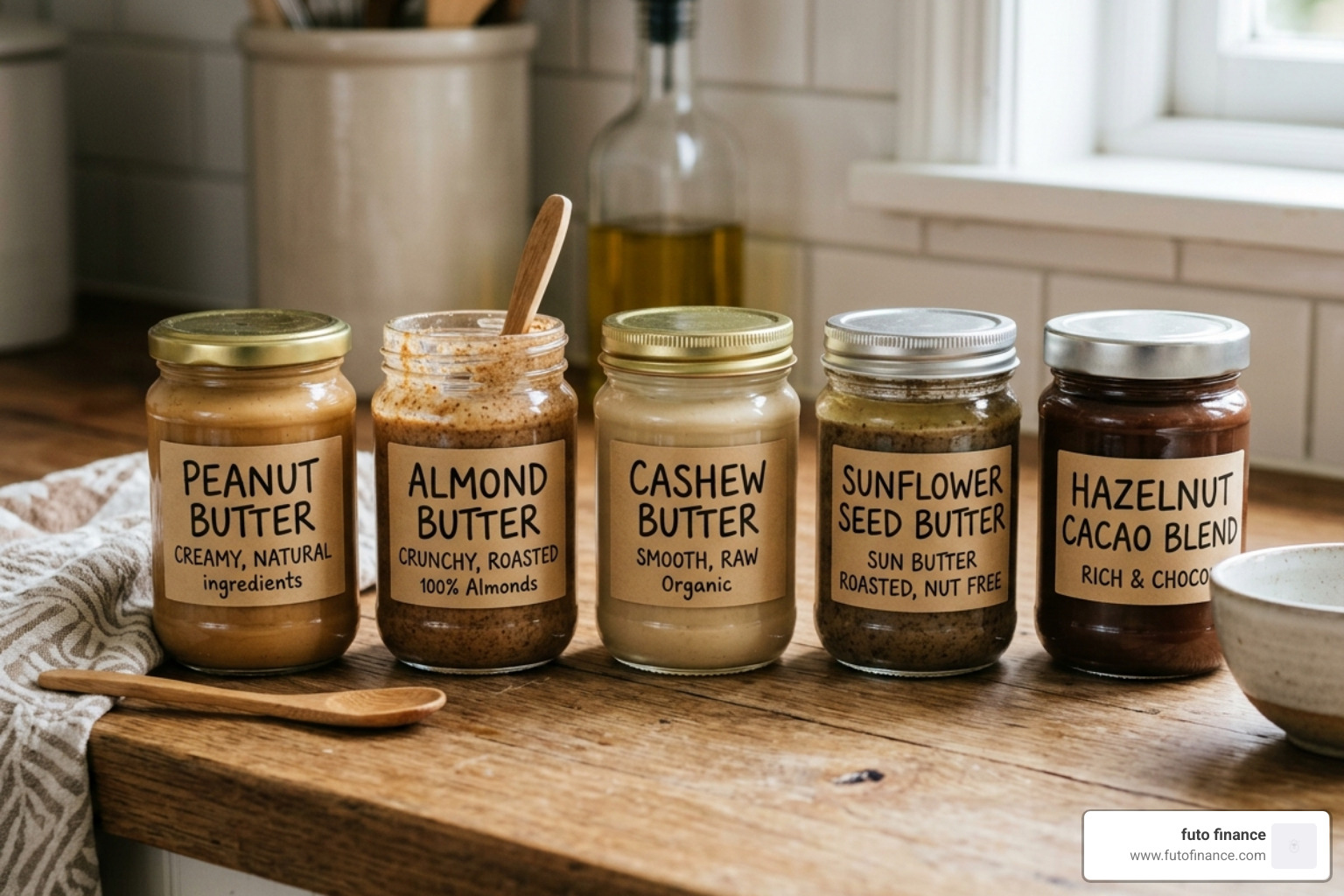 jars of various nut and seed butters - affordable vegan nut butters