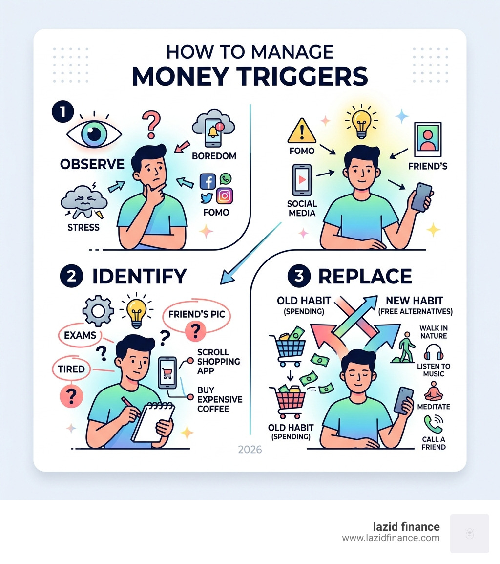 how to manage money triggers infographic showing observe identify and replace steps - list of financial goals for students