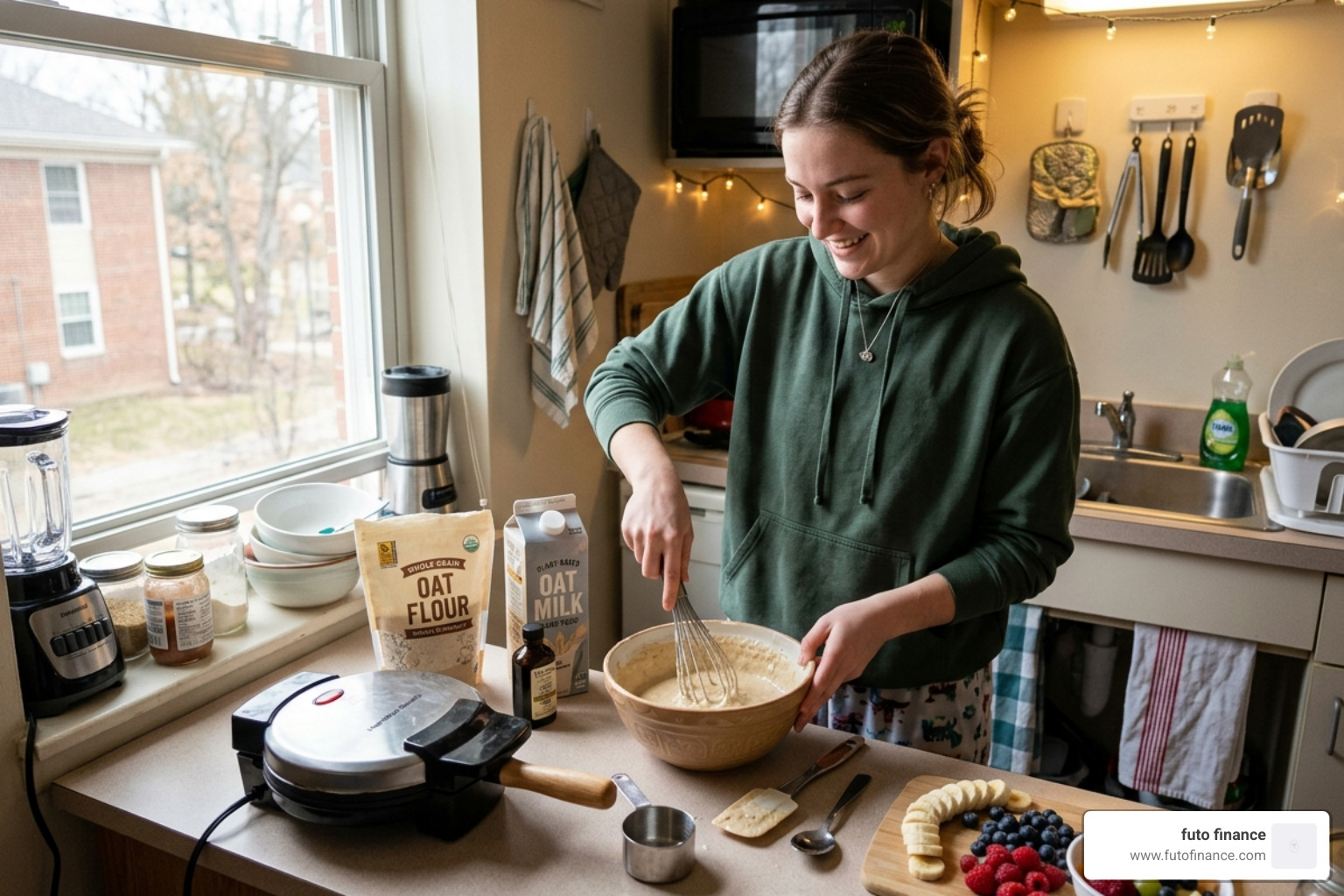 student preparing a healthy vegan breakfast in a dorm kitchen - healthy vegan waffle
