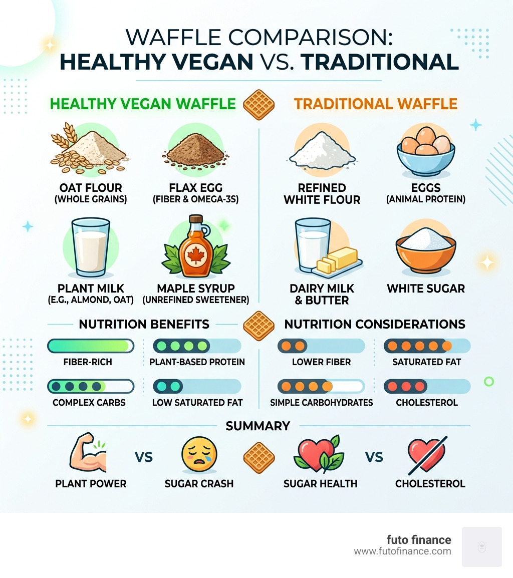infographic showing healthy vegan waffle ingredients vs. traditional waffle with nutrition comparison - healthy vegan waffle