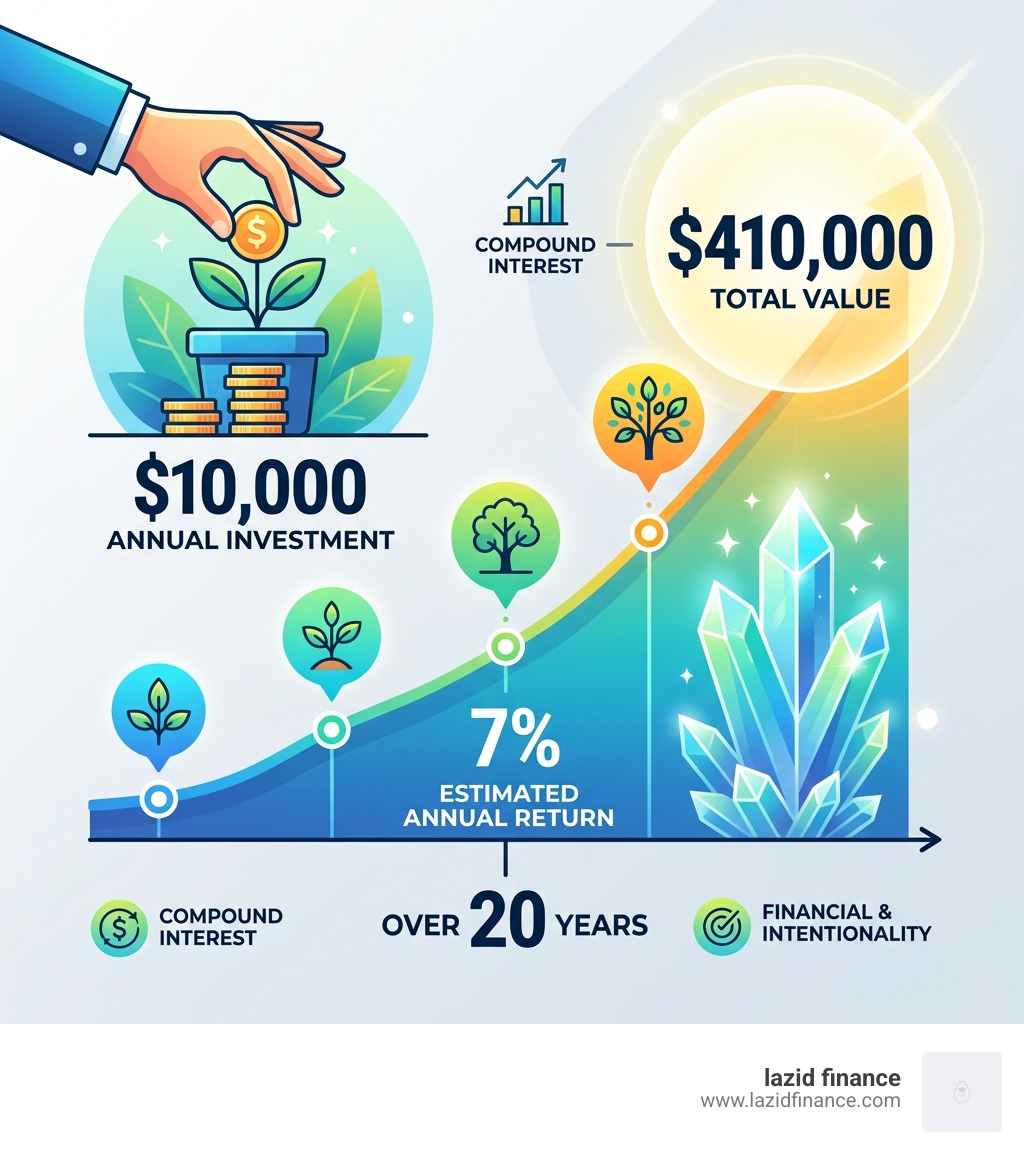 Infographic showing the impact of a $10,000 annual investment at 7% return over 20 years: $410,000 total - conscious long