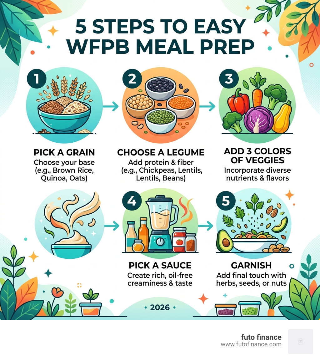 Infographic showing 5 steps to easy WFPB meal prep: 1. Pick a grain, 2. Choose a legume, 3. Add 3 colors of veggies, 4. Pick