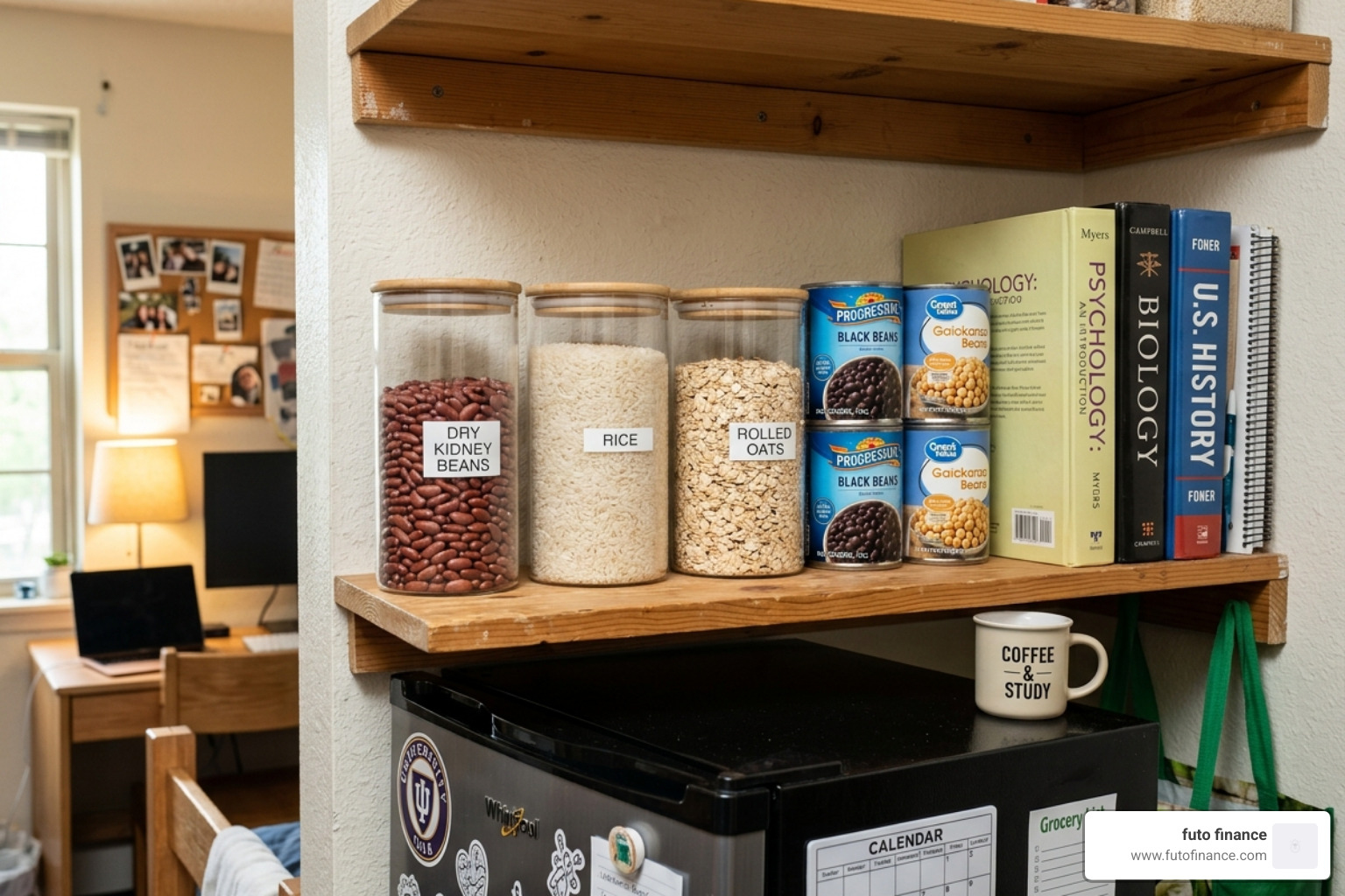 A well-stocked dorm pantry with jars of beans, rice, and oats - student budget vegan recipes
