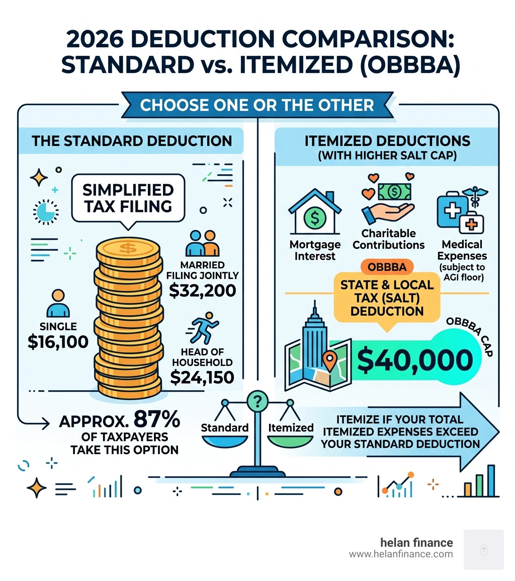 infographic comparing 2026 standard deduction versus itemized deduction limits under OBBBA - tax savings smart tips
