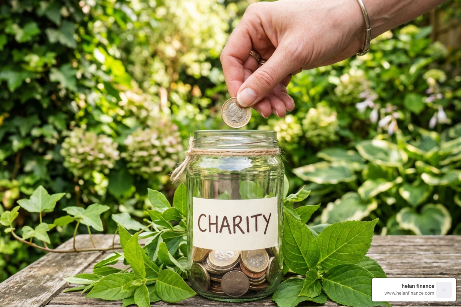 hand placing a coin into a glass jar labeled charity surrounded by green leaves - tax savings smart tips
