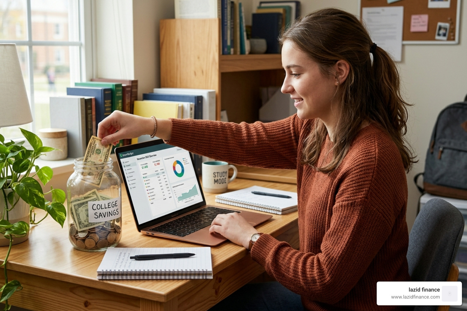 student saving money in a jar and tracking expenses on a laptop - list of financial goals for students