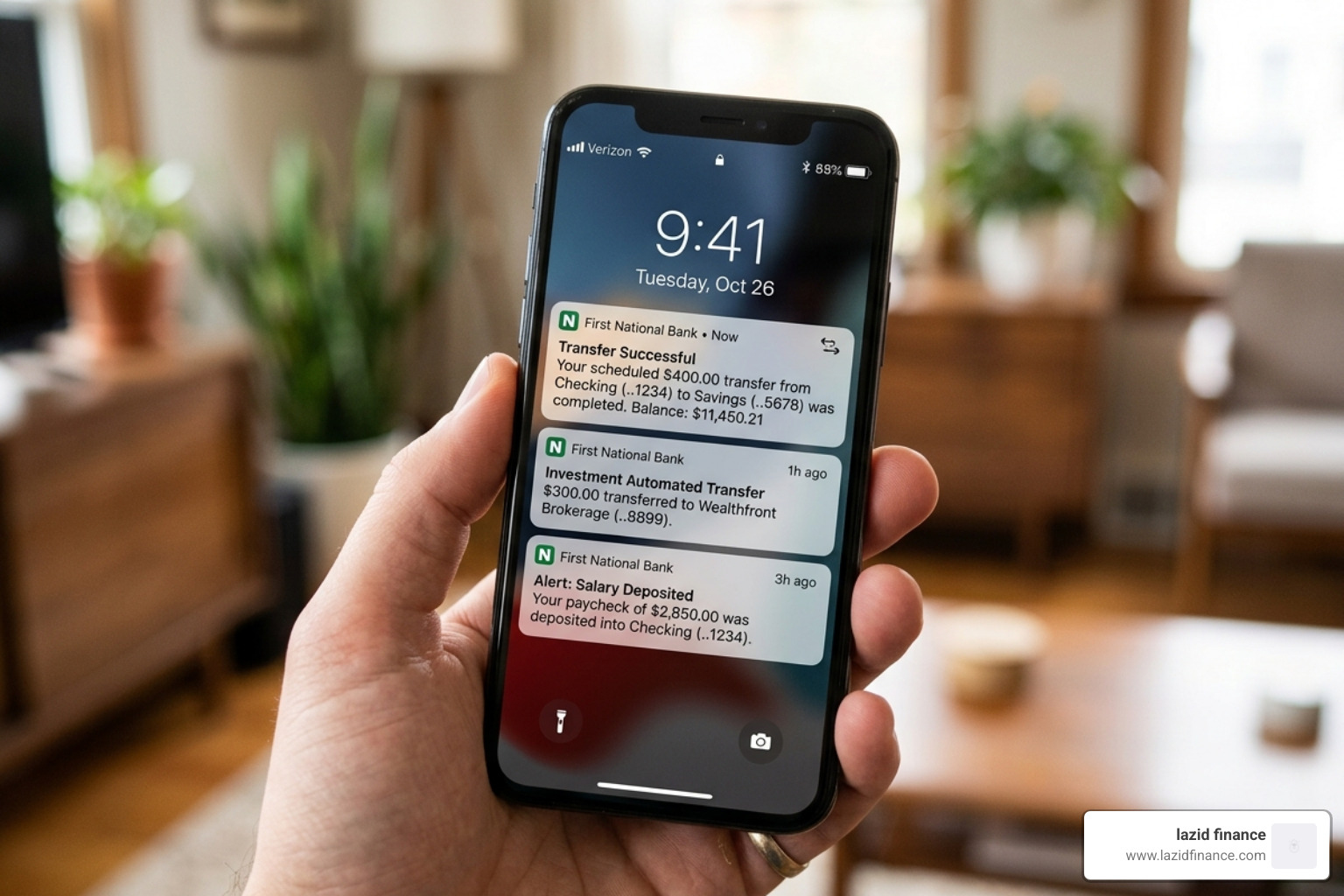 A smartphone screen showing automated bank transfer notifications for savings and investments - conscious long term finance
