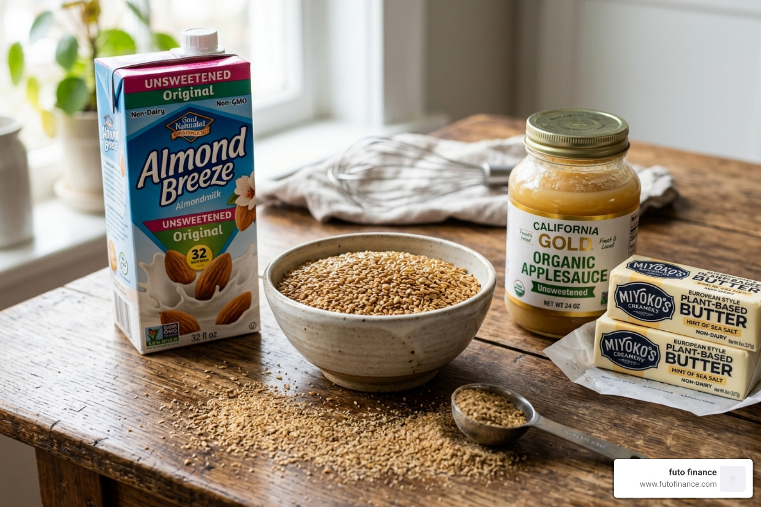 vegan baking staples like flaxseeds and almond milk - beginner vegan dessert recipes