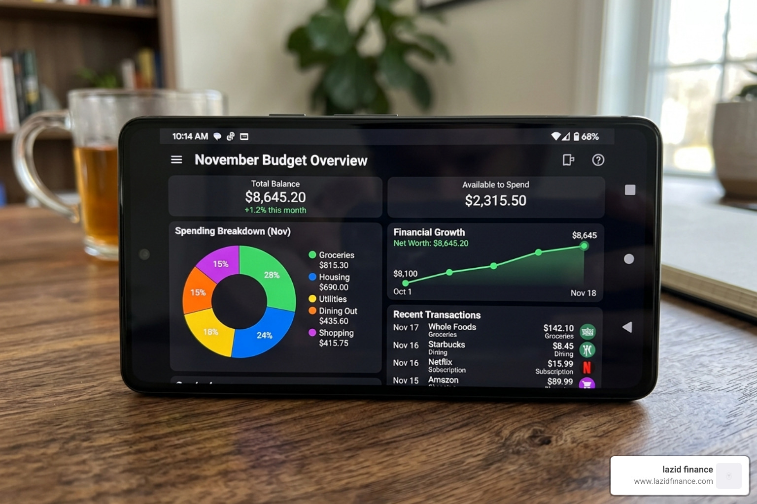 Digital dashboard showing financial growth and real-time expense monitoring - budget planner apps