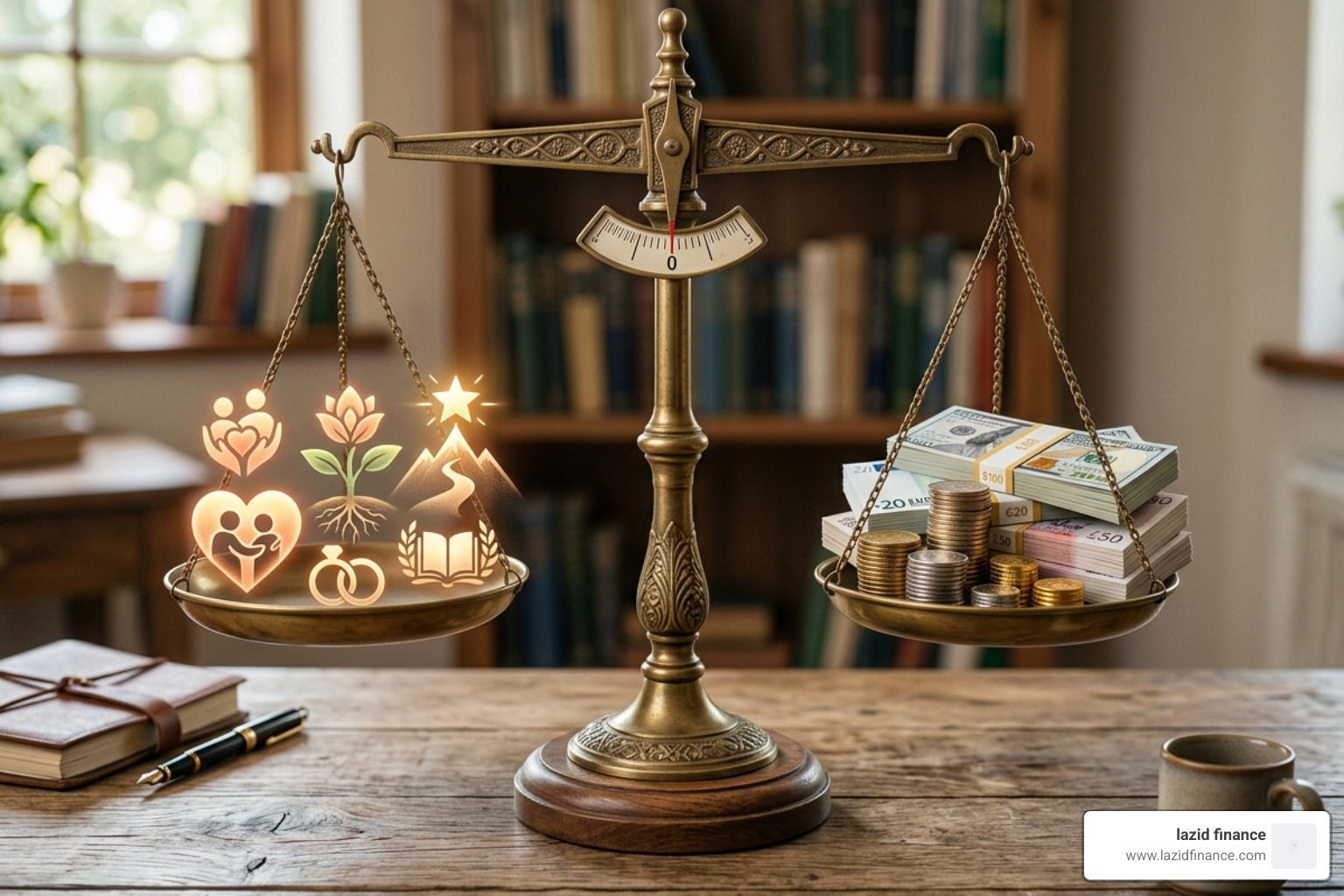 A balanced scale representing personal values on one side and financial resources on the other - conscious long term finance