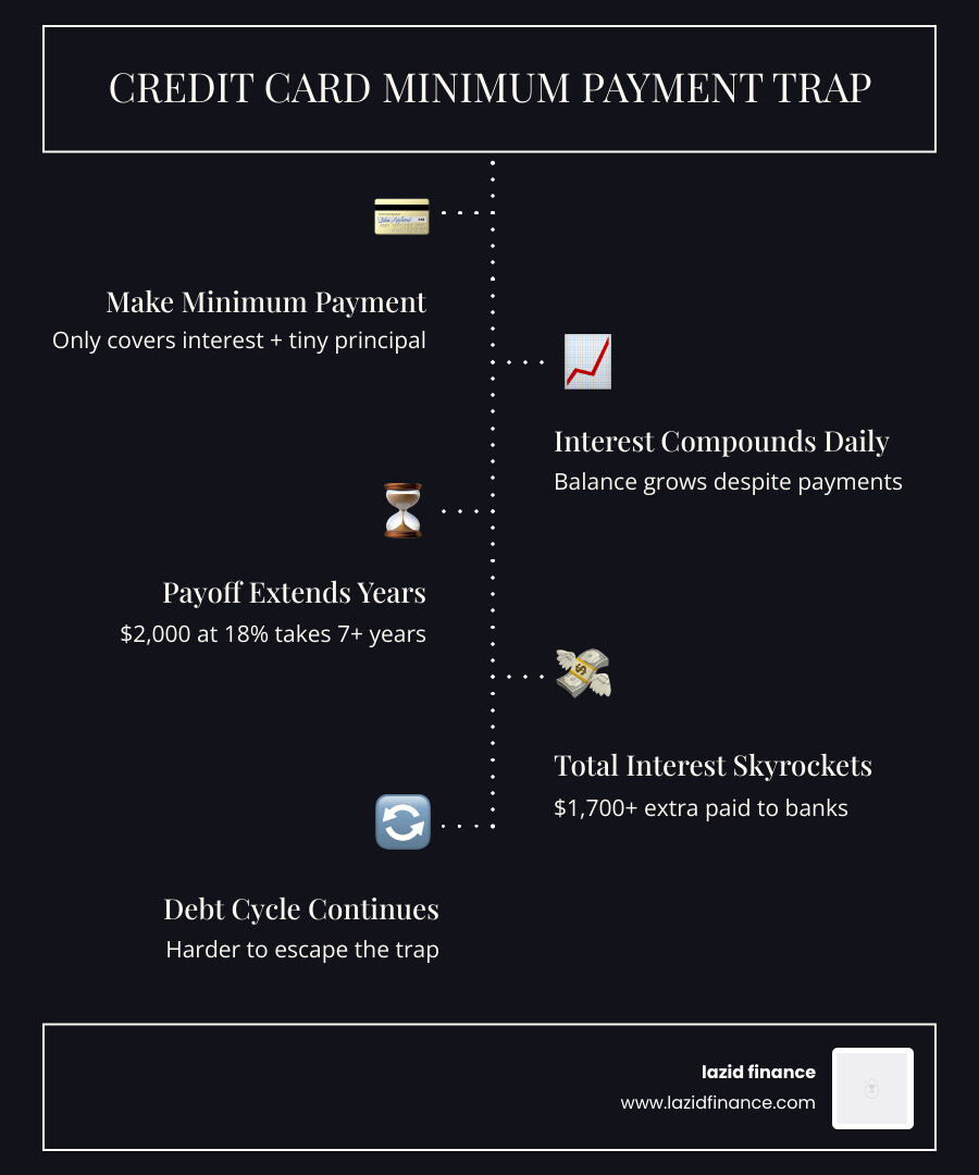 Infographic showing the credit card minimum payment trap and compounding interest cycle - best way to pay off credit card