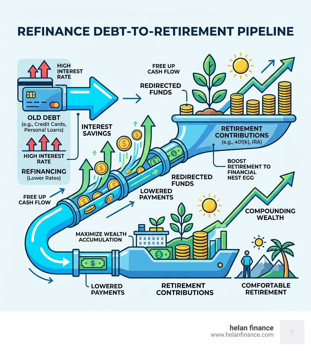 Debt-to-retirement pipeline showing interest savings flowing into retirement contributions - refinance debt savings tips