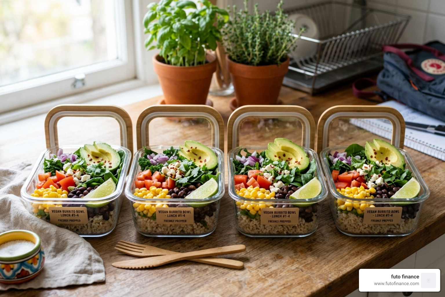 meal prepped burrito bowls in glass containers - healthy plant based lunch