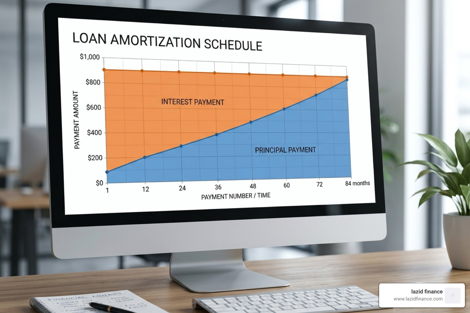 a loan amortization schedule showing principal and interest breakdown over time - financial calculator