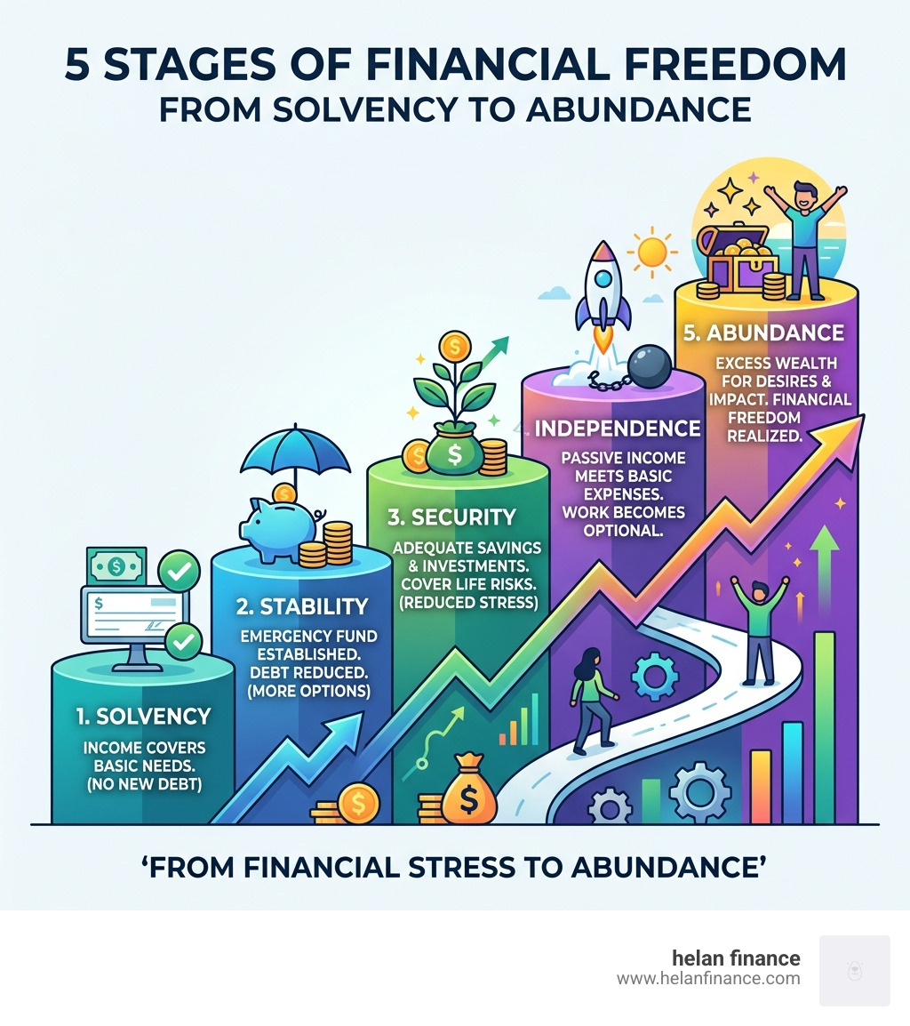 5 stages of financial freedom from solvency to abundance infographic - financial freedom habit plan infographic 