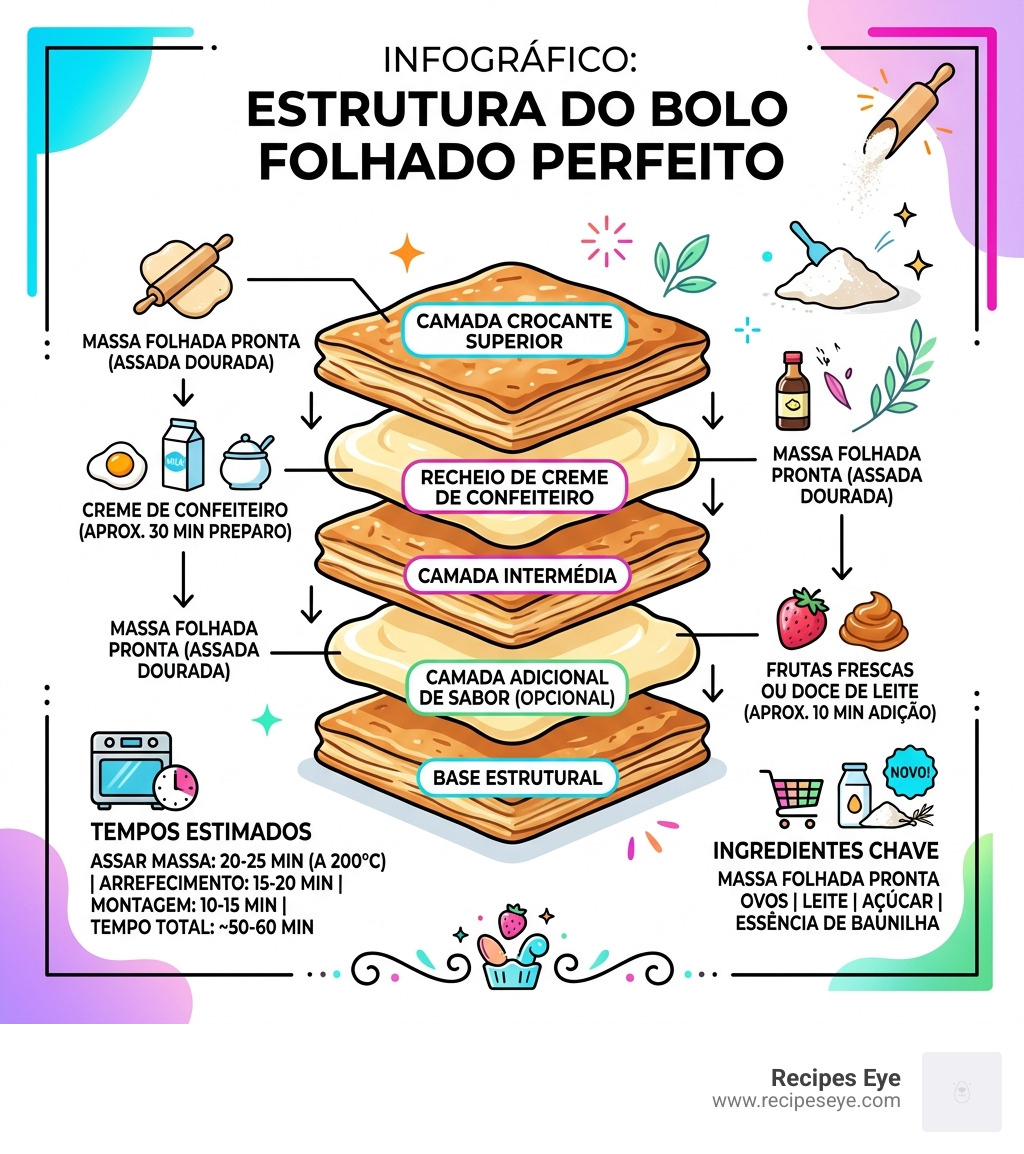 Infográfico mostrando a estrutura de camadas do bolo folhado perfeito com tempos e ingredientes - receitas de bolos com