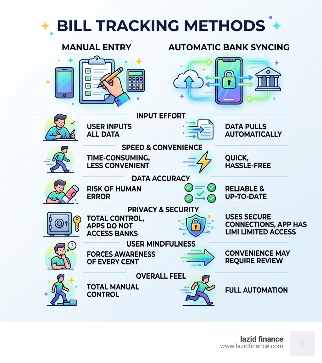Table comparing manual entry vs. automatic bank syncing for bill tracking - android bill tracking app infographic 