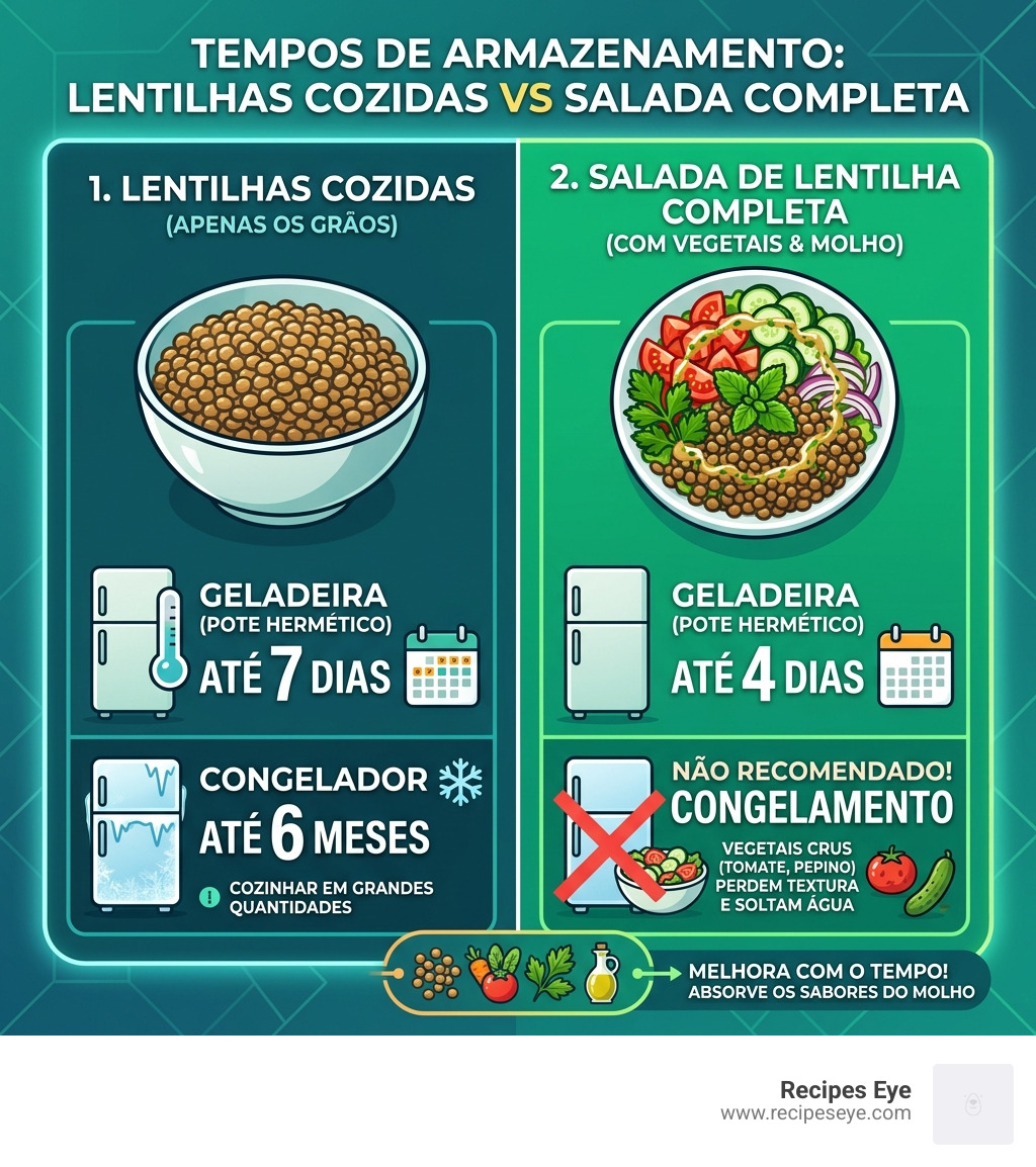 infographic showing storage times for cooked lentils vs completed salad - salada de lentilha simples infographic 