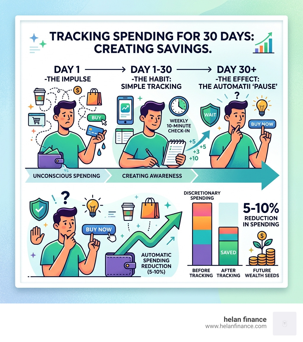 infographic showing the 30-day tracking effect on spending reduction - personal money habits infographic 