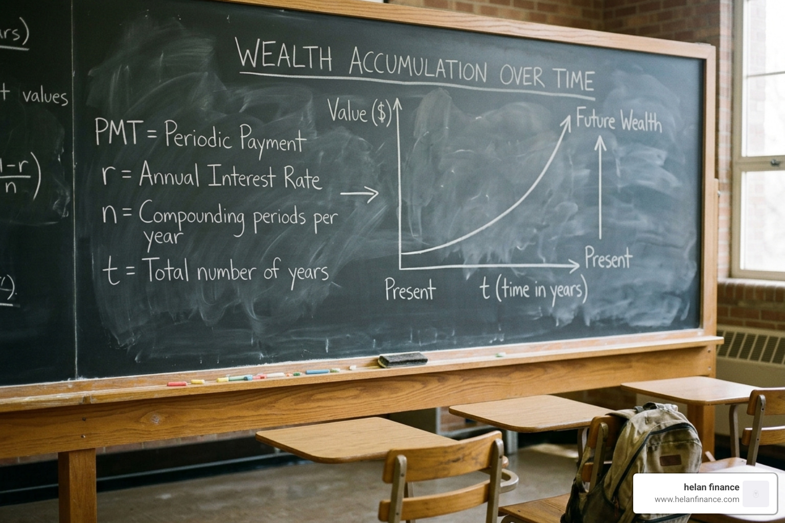 Chalkboard with financial variables like PMT, r, n, and t for wealth accumulation - savings plan formula