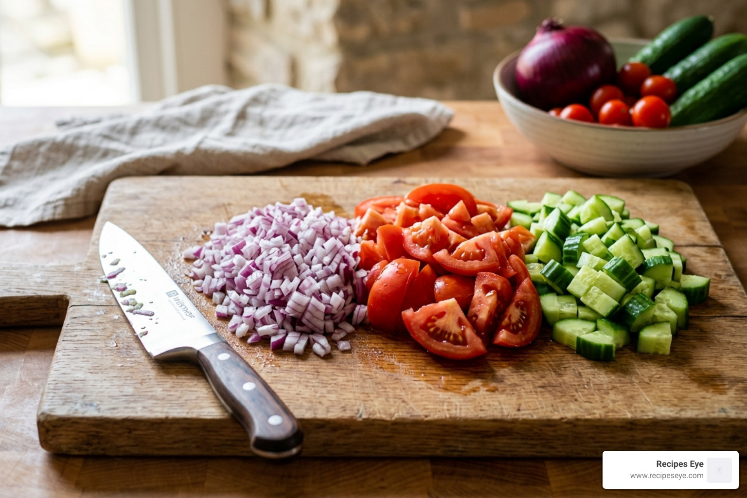 freshly chopped vegetables like red onion, tomatoes, and cucumber on a wooden board - salada de lentilha simples