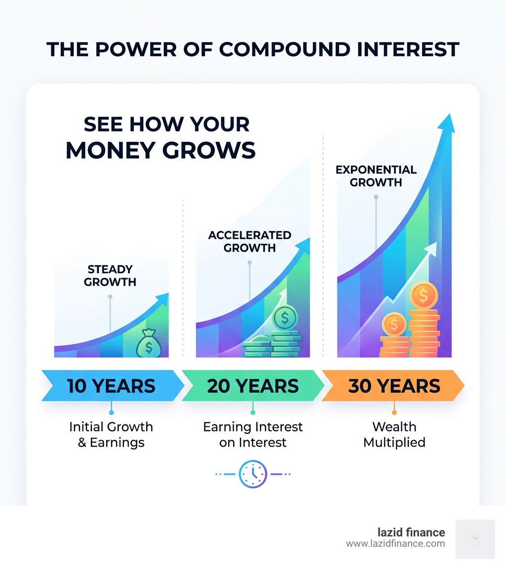 Infographic showing the power of compound interest over 10, 20, and 30 years - financial goals infographic 