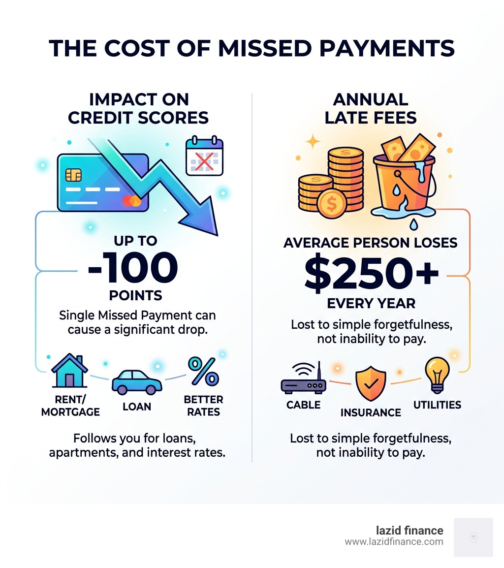 infographic showing how missed payments impact credit scores and annual late fees - automatic bill reminder app infographic 