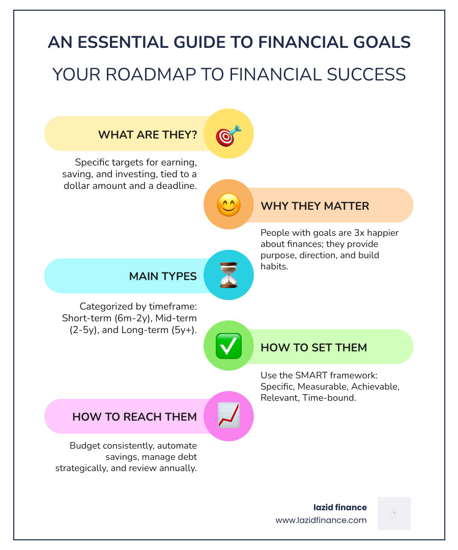 Short, mid, and long-term financial goals overview with timeframes and examples - financial goals infographic