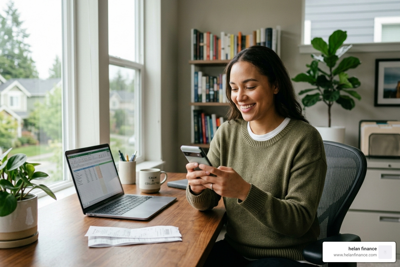 Person tracking expenses on a smartphone while smiling, representing reduced financial anxiety - wealth building habit