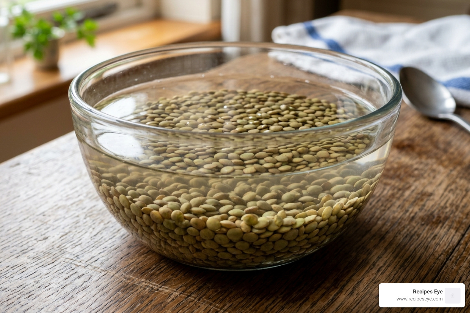 lentils soaking in a bowl of water to prepare for cooking - salada de lentilha simples